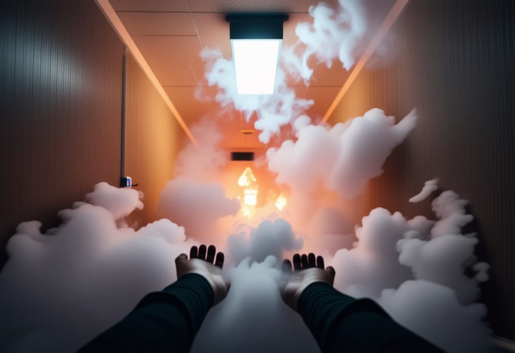 화재로 가득 찬 복도에서 연기를 뚫고 탈출하려는 장면, 화재 발생 시 대피 행동 수칙을 상징하는 이미지