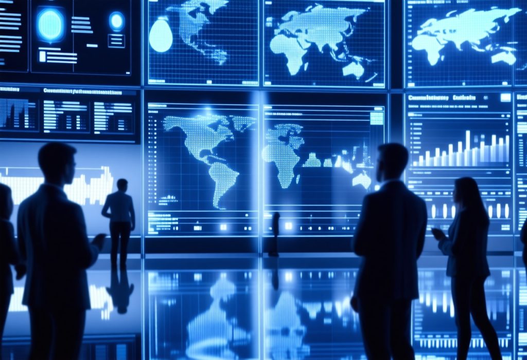 대형 디지털 월 화면 앞에서 전 세계 데이터와 신뢰 지표를 분석하는 사람들, 글로벌 커뮤니티 신뢰 모니터링