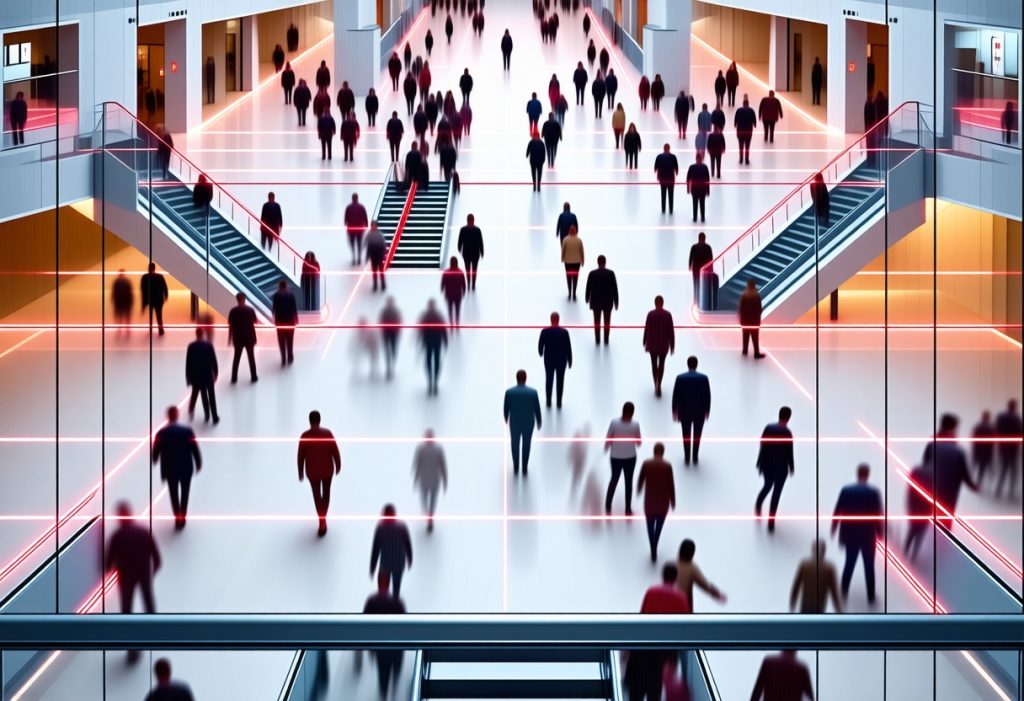 대형 건물 내부에서 이동하는 사람들의 흐름, 긴급 대피 동선 설계와 인원 안전 관리