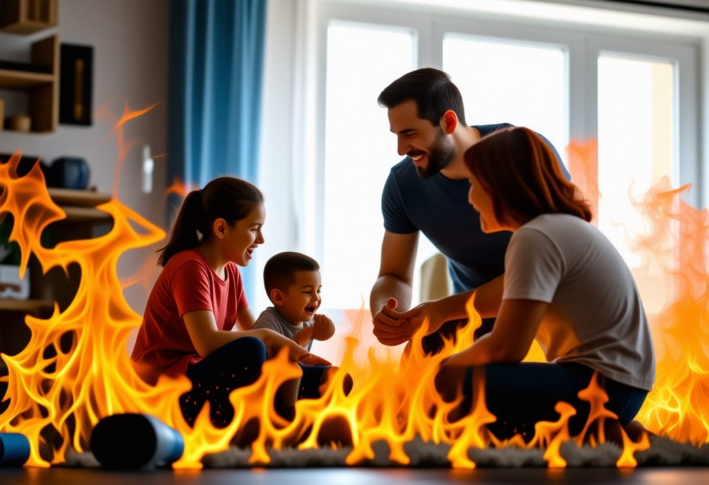 가족이 화재 상황 속에서도 함께 웃으며 대처하는 장면, 비상 대피 훈련의 중요성을 상징