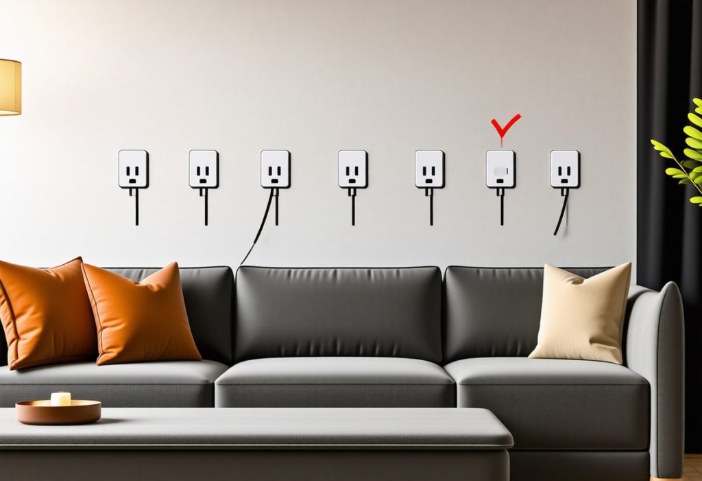거실 벽면의 콘센트 점검 장면, 전기 과부하 예방과 안전한 사용 습관을 강조한 이미지