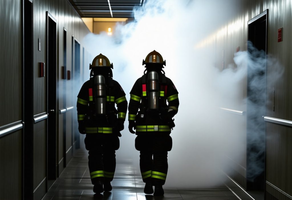 연기로 가득한 복도를 향해 출동하는 소방관 두 명의 모습, 화재 진압과 구조 활동의 현장
