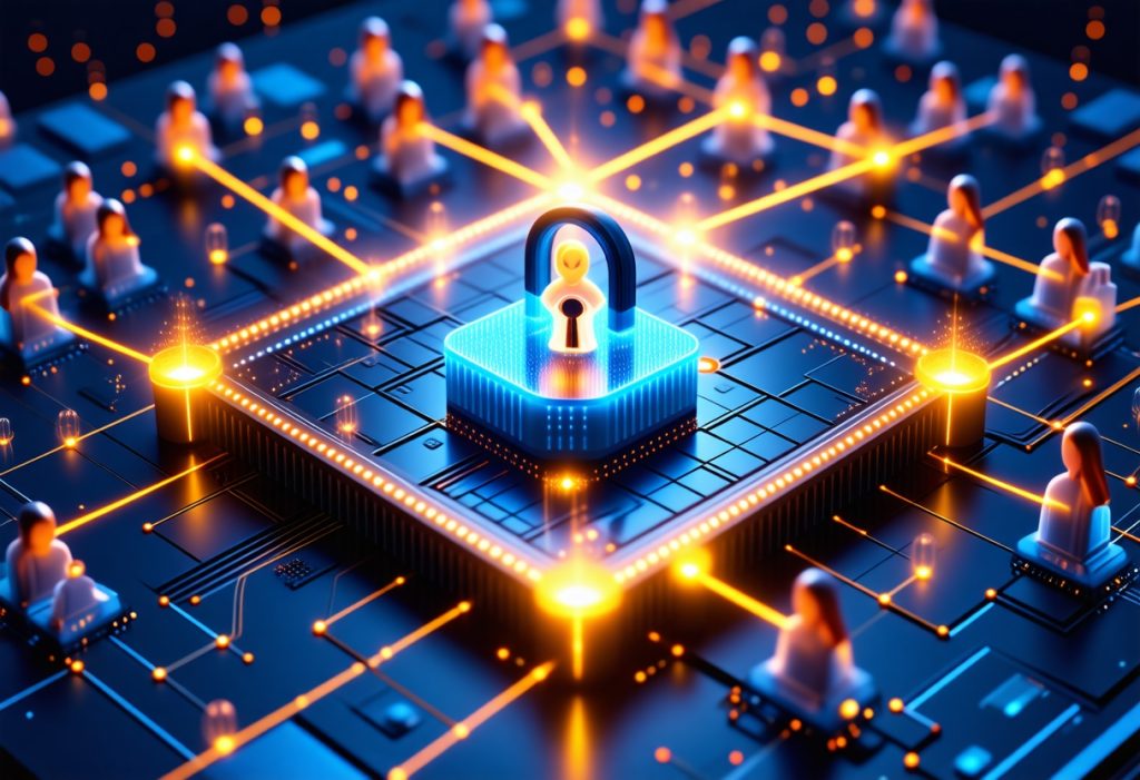 보안 네트워크 중심에 자물쇠와 연결된 사용자 노드가 빛나는 블록체인 구조, 데이터 보호를 상징하는 시각적 표현