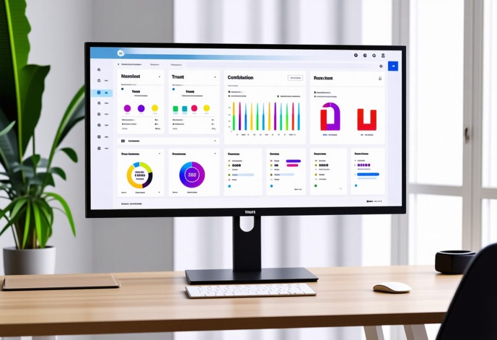 넓은 모니터 화면에 신뢰도 분석 차트와 커뮤니티 통계가 표시된 작업 공간, 데이터 분석 대시보드