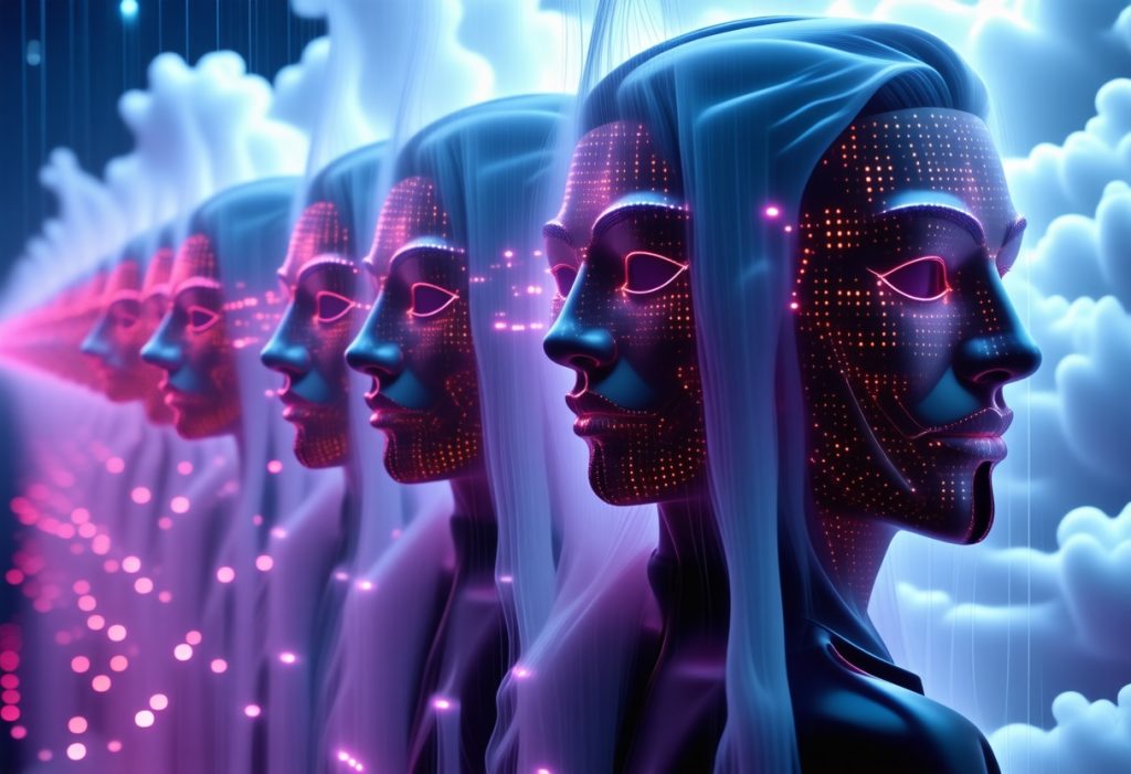 인공지능 아바타들이 나란히 서 있는 디지털 세계의 상징적인 이미지, 인간과 AI의 경계를 탐구하는 미래적 비주얼