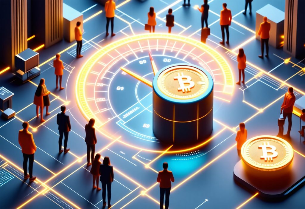 비트코인 심볼이 빛나는 디지털 네트워크 공간, 블록체인 기반 보안 거래 시스템을 시각화