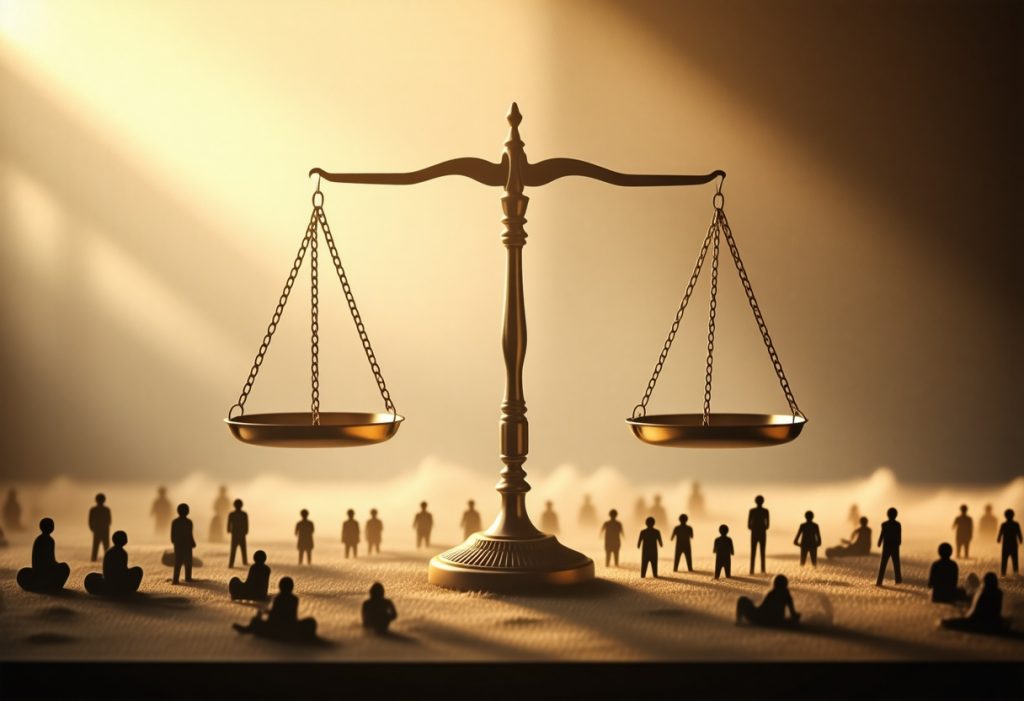 저울과 사람들의 실루엣이 함께 비춰진 이미지, 공정한 판단과 안전 규범의 사회적 균형을 상징