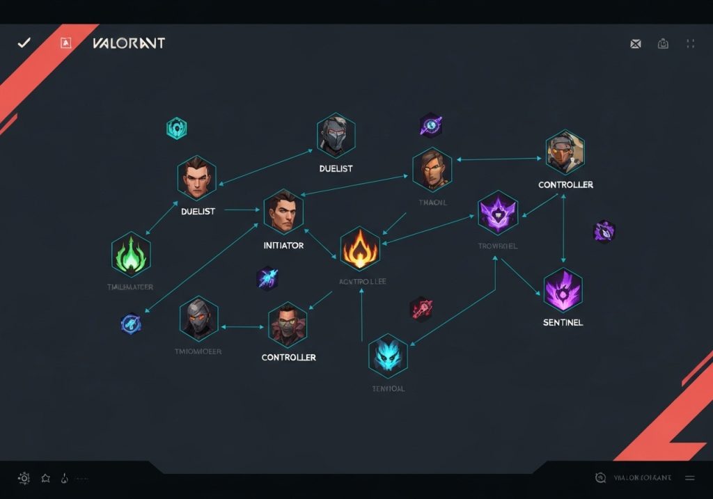 Valorant 에이전트 역할 분류 다이어그램 - Duelist, Initiator, Controller, Sentinel 역할로 연결된 캐릭터 아이콘들과 능력 스킬 표시