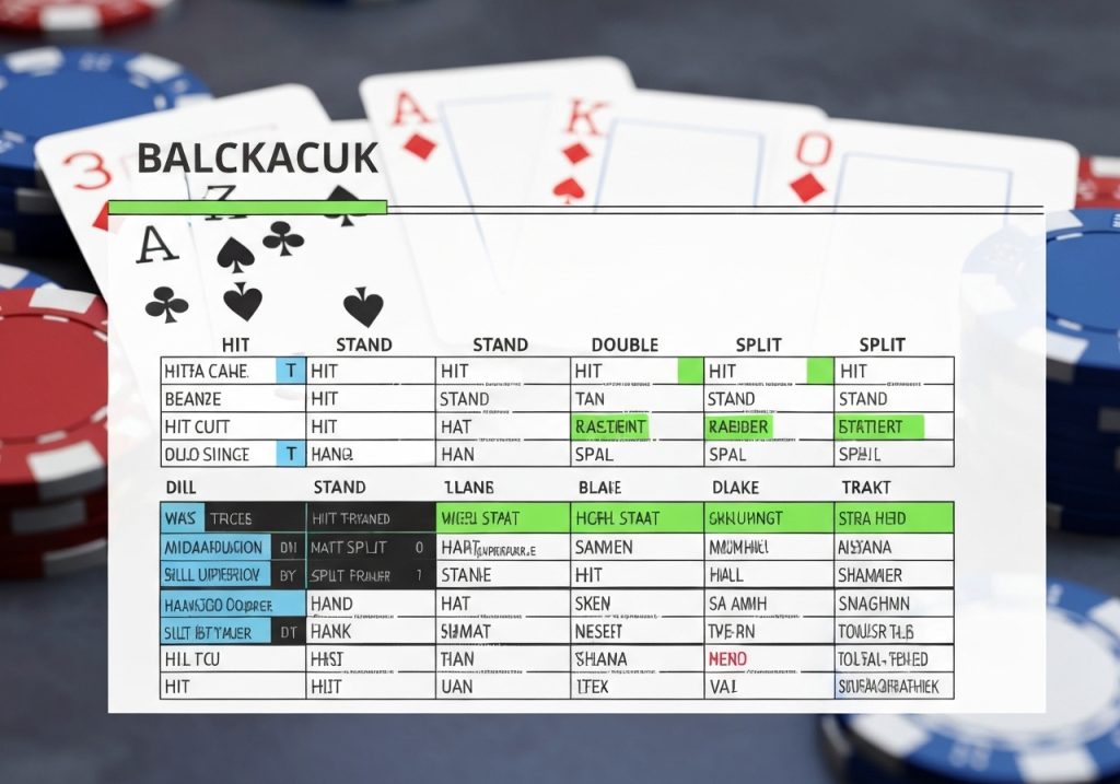 블랙잭 게임 전략 차트 플레이어와 딜러 핸드에 따른 히트 스탠드 더블 스플릿 의사결정 가이드