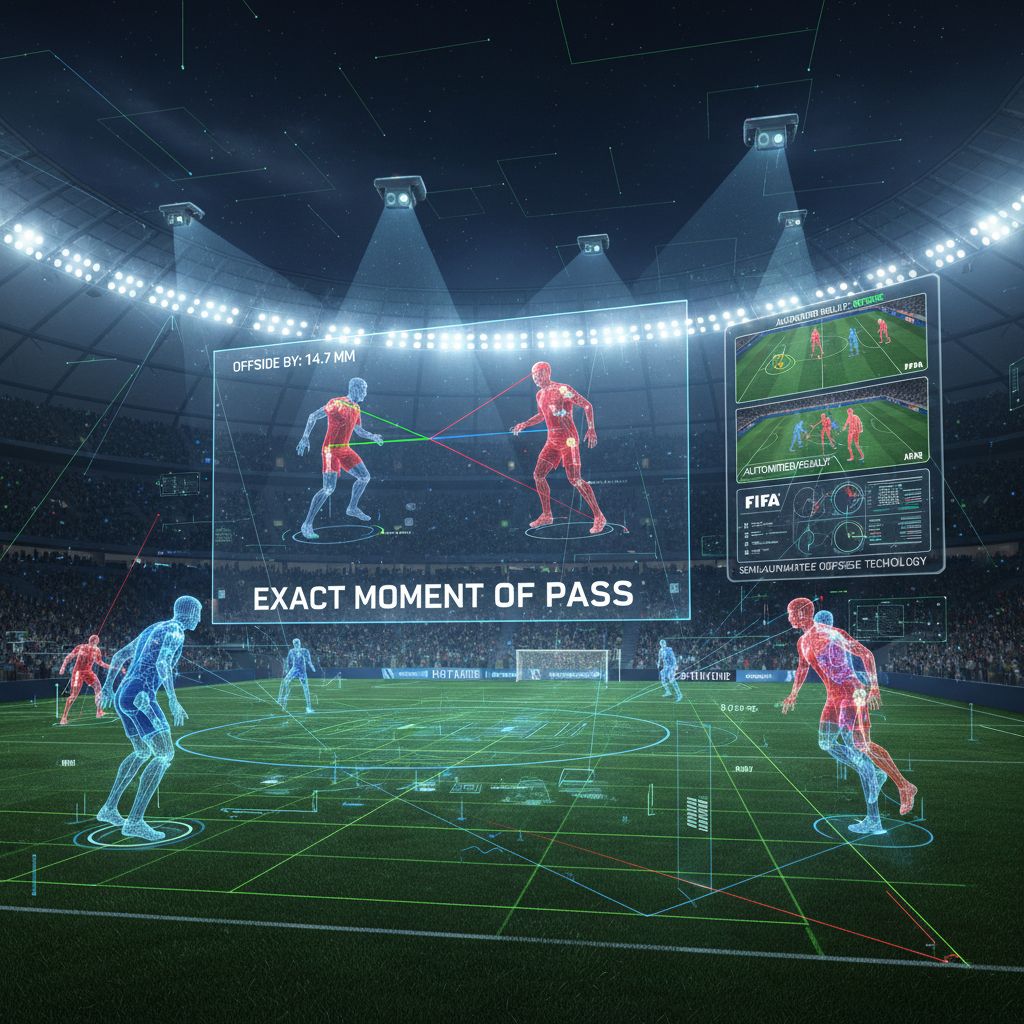 FIFA 반자동 오프사이드 기술 시각화 - 축구 경기장에서 선수들의 3D 스캔 이미지와 함께 정확한 패스 순간 분석, 14.7mm 오프사이드 판정 표시
