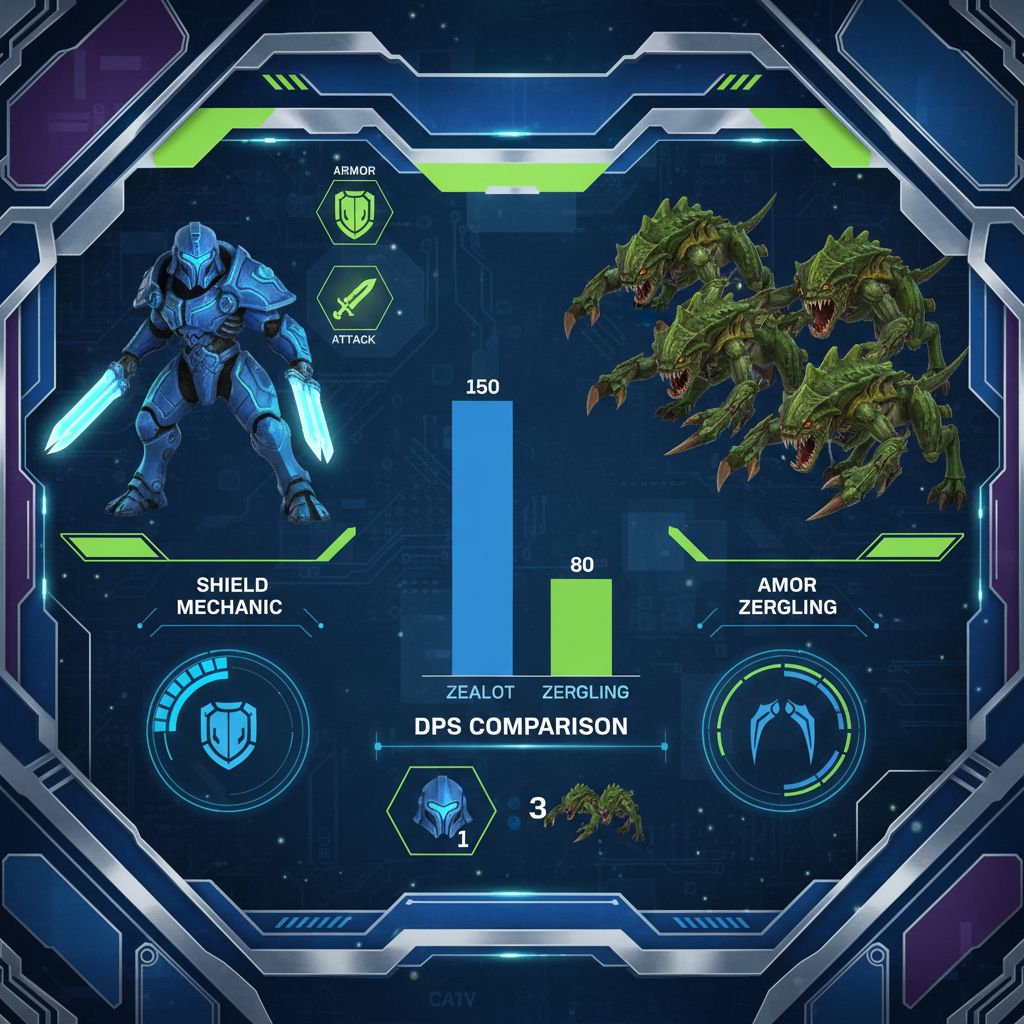 쉴드 메카닉과 아모르 저글링 유닛의 DPS 공격력 비교 분석 게임 전투 시뮬레이션 인포그래픽