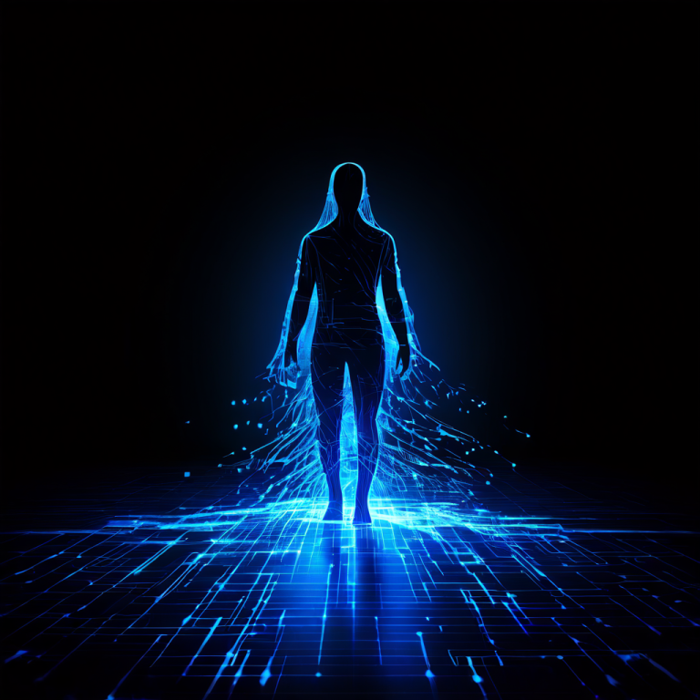 푸른 빛 데이터 흐름으로 이루어진 사람 형상의 디지털 그림자가 어두운 공간에서 비밀리에 복사되는 모습이다.