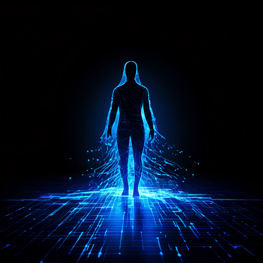 푸른 빛 데이터 흐름으로 이루어진 사람 형상의 디지털 그림자가 어두운 공간에서 비밀리에 복사되는 모습이다.