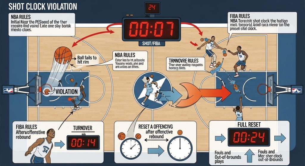 농구 샷 클락 위반 규칙 인포그래픽 - NBA, FIBA, 터노버 규칙 비교, 공격 리바운드 후 리셋 및 파울 시 샷 클락 작동 방식 설명