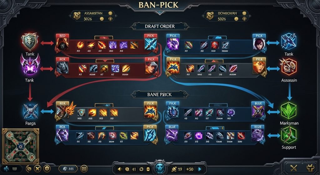 MOBA 게임 영웅 선택 및 금지 단계 드래프트 순서 양 팀 밴픽 전략 인터페이스 화면