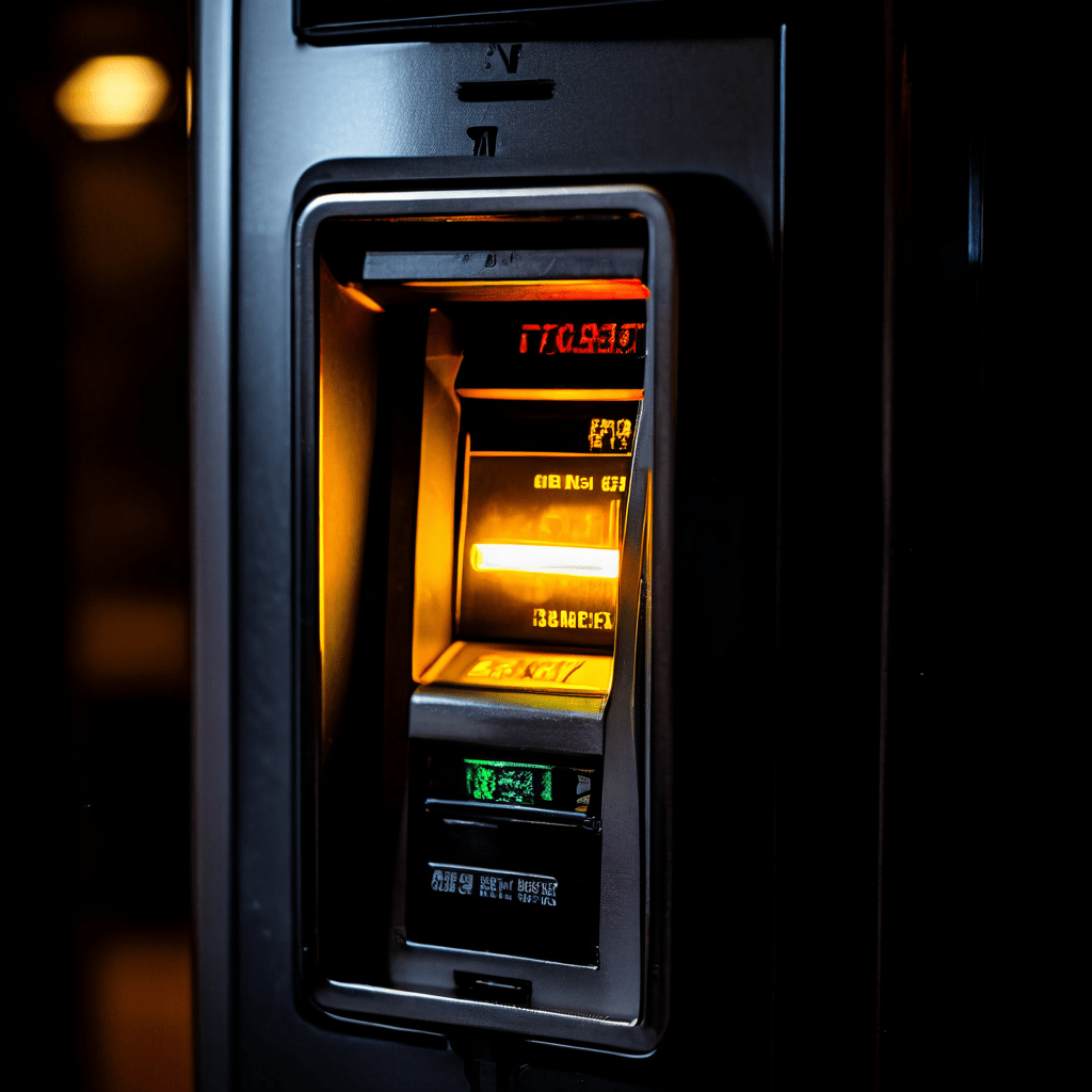 검은색 ATM 카드 슬롯에 은밀하게 설치된 스키머 장치가 보이며, 주변 어둠 속에 사람의 시야각이 미묘하게 강조되어 있습니다.