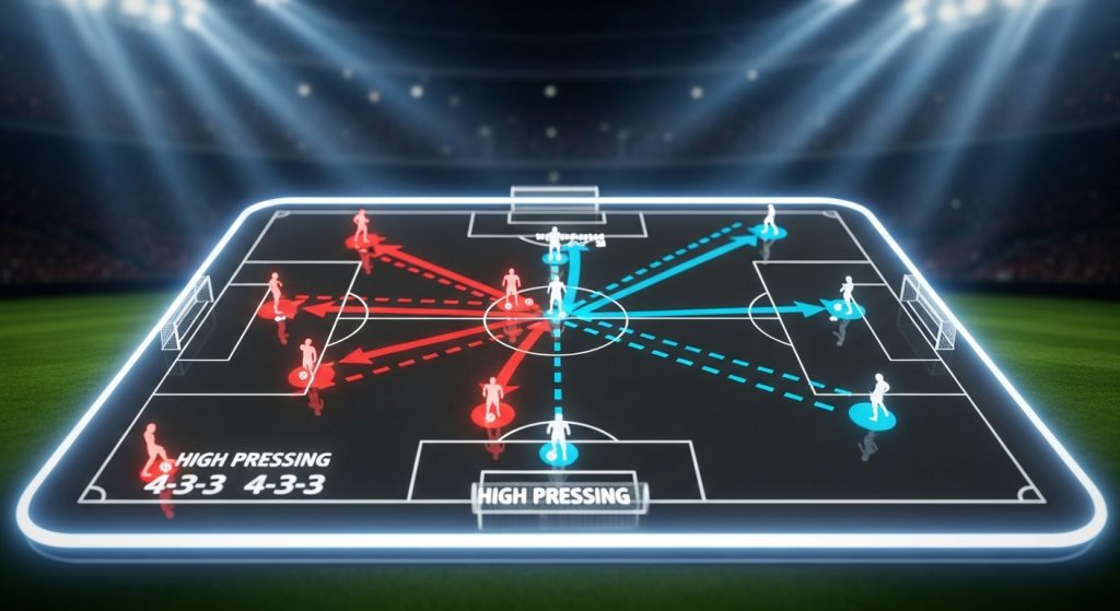 축구 전술 분석 4-3-3 포메이션 하이 프레싱 전략 선수 움직임과 패스 경로 시각화