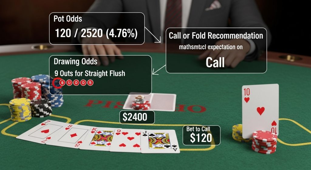 포커 테이블 위 수학적 의사결정 분석 - 팟 오즈 120/2520 (4.76%), 스트레이트 플러시 드로우 9아웃, 콜 권장 표시와 함께 $2400 팟, $120 베팅 금액 표시