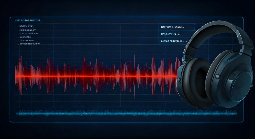 게이밍 헤드셋과 함께 표시된 음성 파형 분석 오디오 편집 소프트웨어 인터페이스 화면