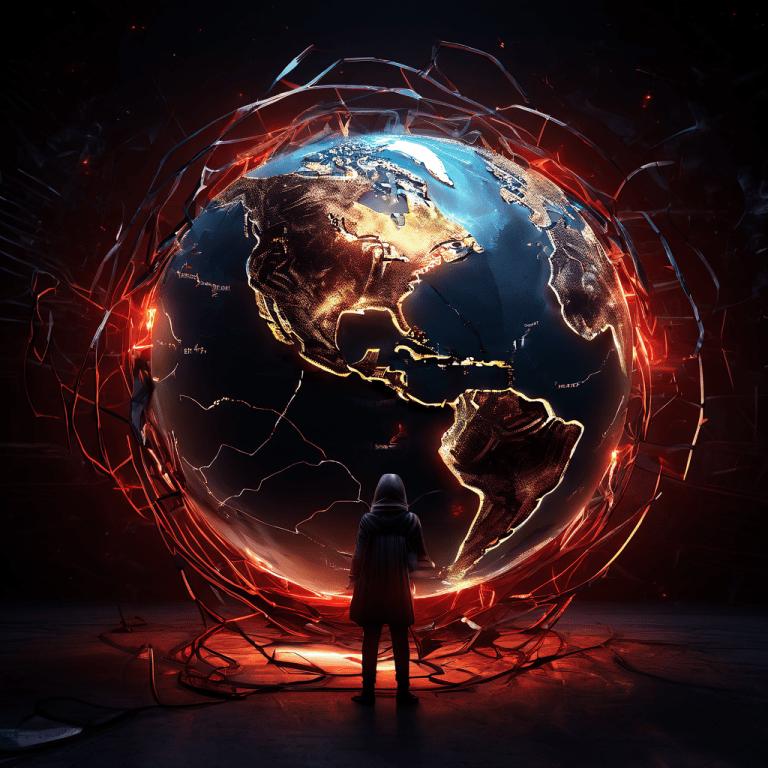 표면이 갈라진 디지털 지구 속 혼란스러운 공허를, 가면을 쓴 인물이 빛나는 위치 핀을 실로 조종하며 드러내는 모습이다.