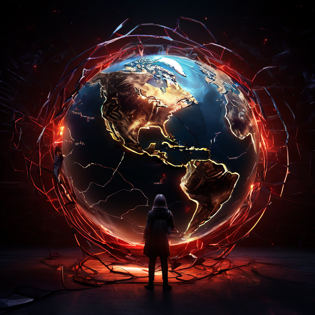 표면이 갈라진 디지털 지구 속 혼란스러운 공허를, 가면을 쓴 인물이 빛나는 위치 핀을 실로 조종하며 드러내는 모습이다.