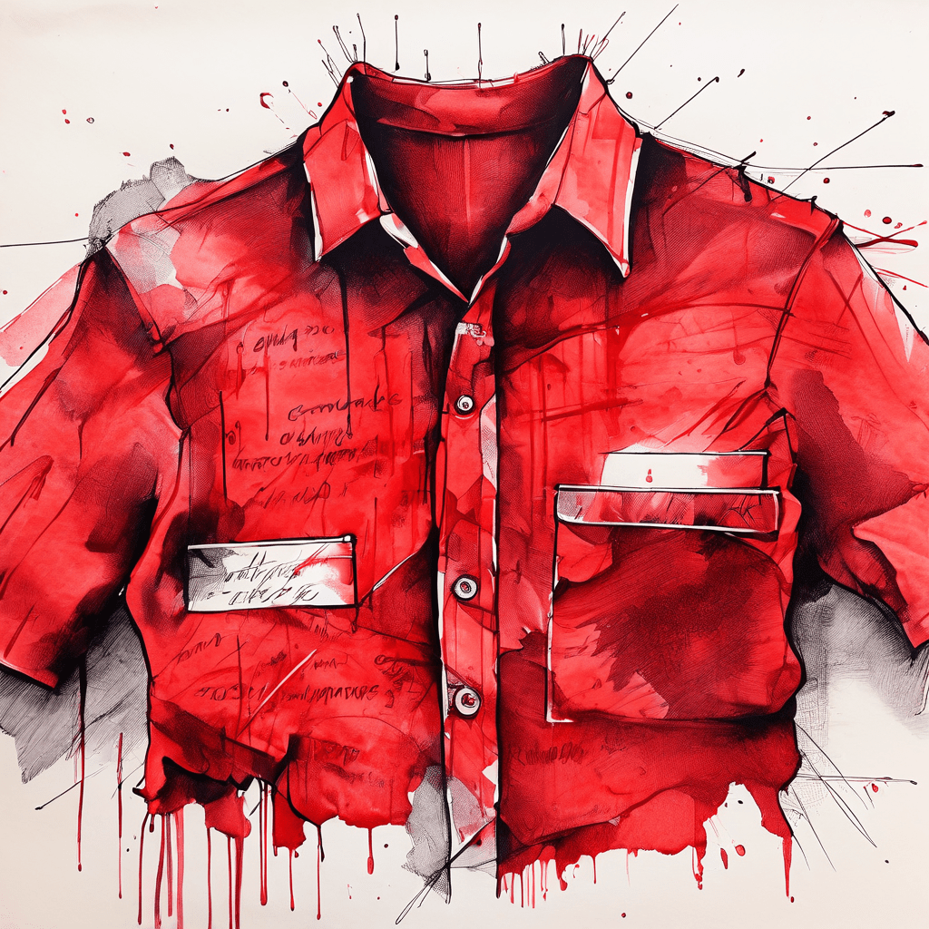 볼펜 잉크 얼룩이 묻은 셔츠를 확대한 사진으로, 구식 세탁법인 소금과 헤어스프레이 사용이 빨간색으로 취소선 처리되어 효과적인 얼룩 제거 방법의 필요성을 강조합니다.