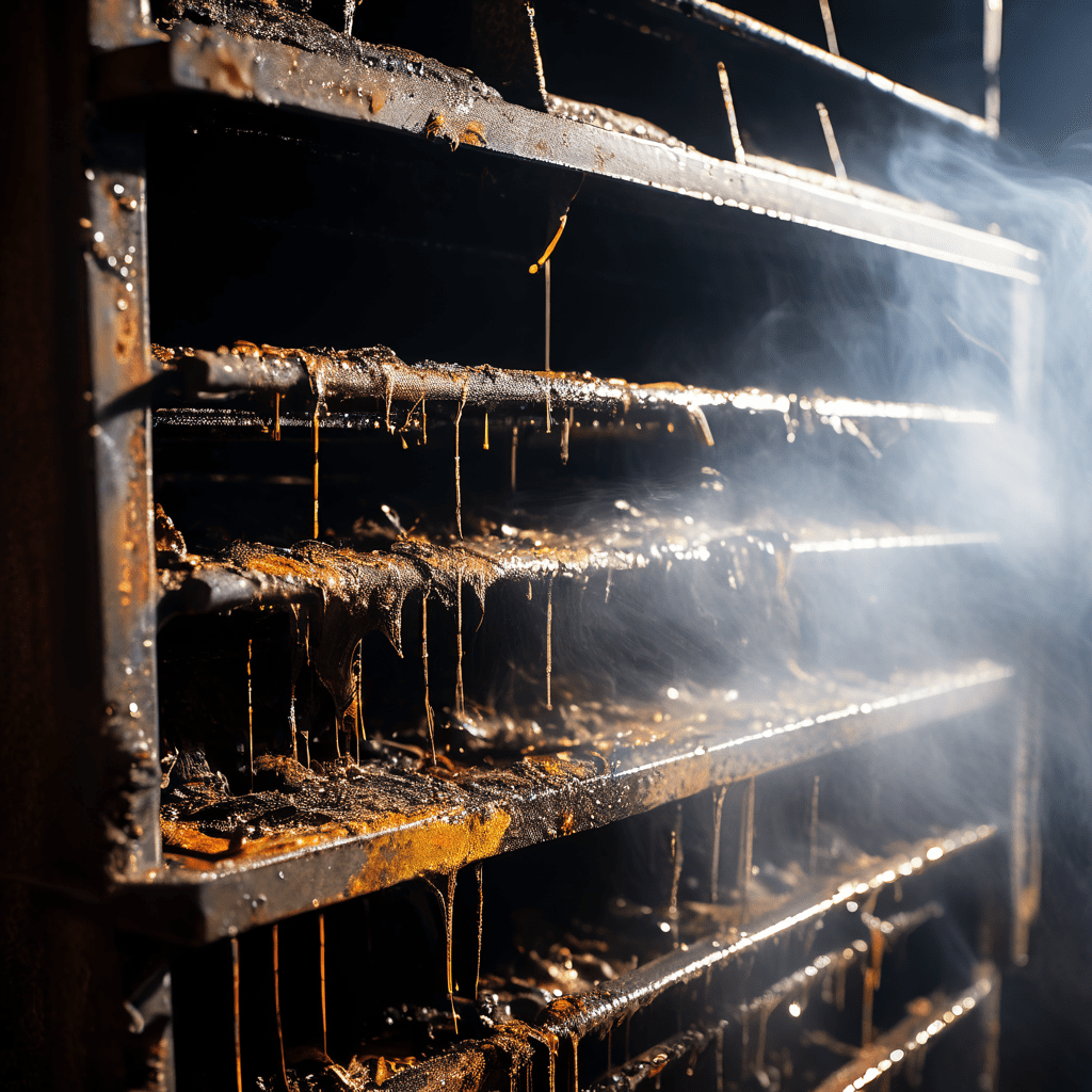 먼지와 곰팡이가 덮여 냄새의 원인이 된 에어컨 실내기 증발기 코일의 심각한 오염 상태를 보여주는 클로즈업 이미지입니다.