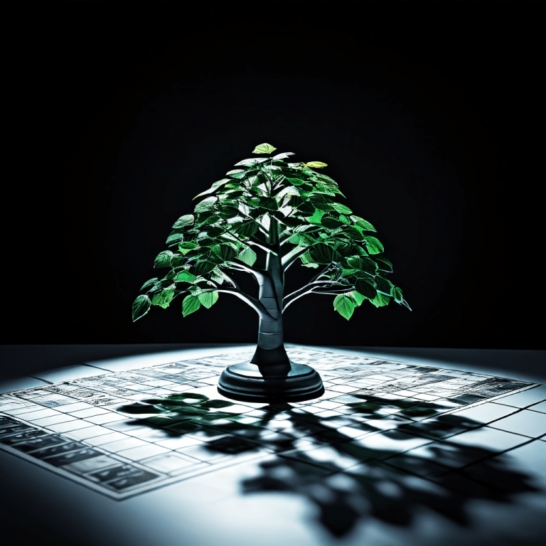 체스 말이 스프레드시트 위를 지나며 돈나무 모양의 긴 그림자를 드리우고 있습니다.