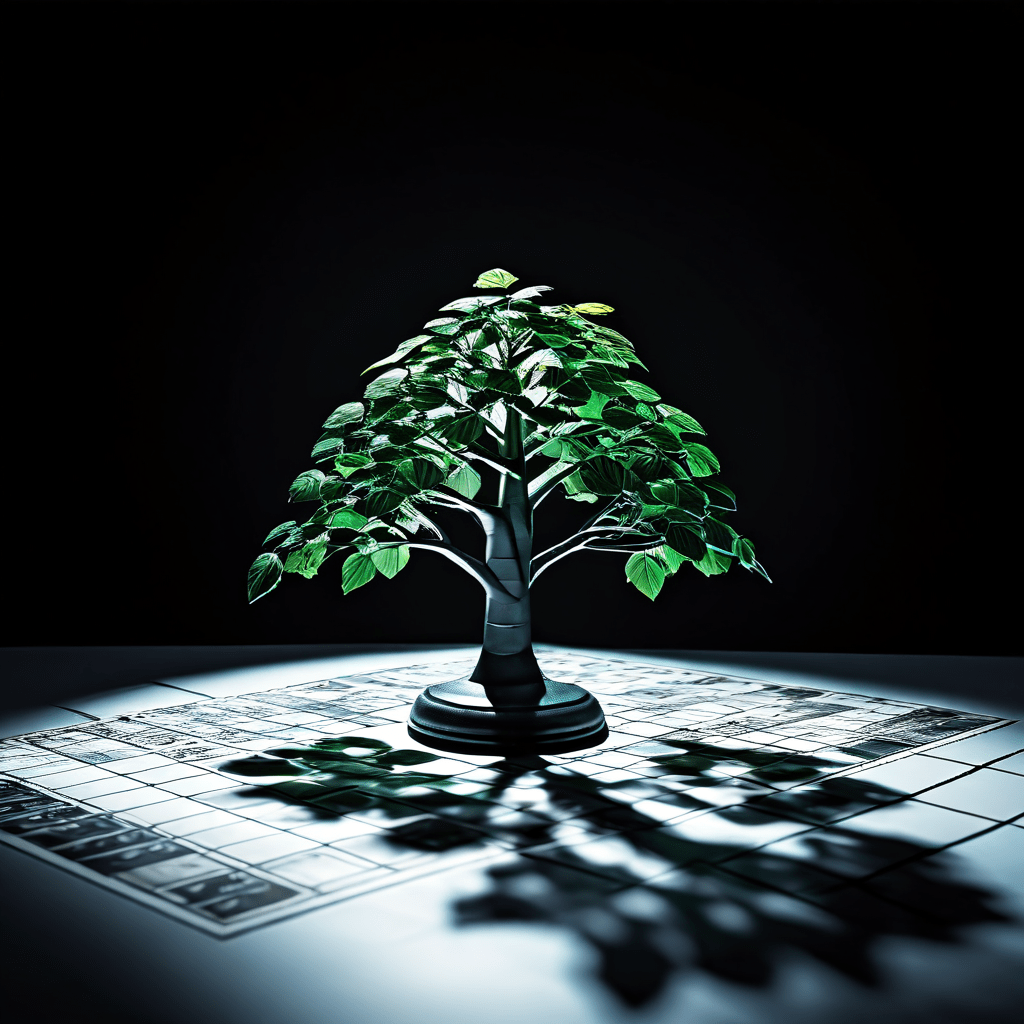 체스 말이 스프레드시트 위를 지나며 돈나무 모양의 긴 그림자를 드리우고 있습니다.