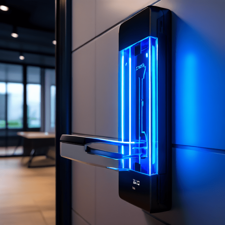 푸른 에너지 선이 빛나는 세련된 현대식 도어 클로저가 실시간 에너지 절약량을 표시하는 스마트 빌딩 대시보드에 통합된 모습이다.