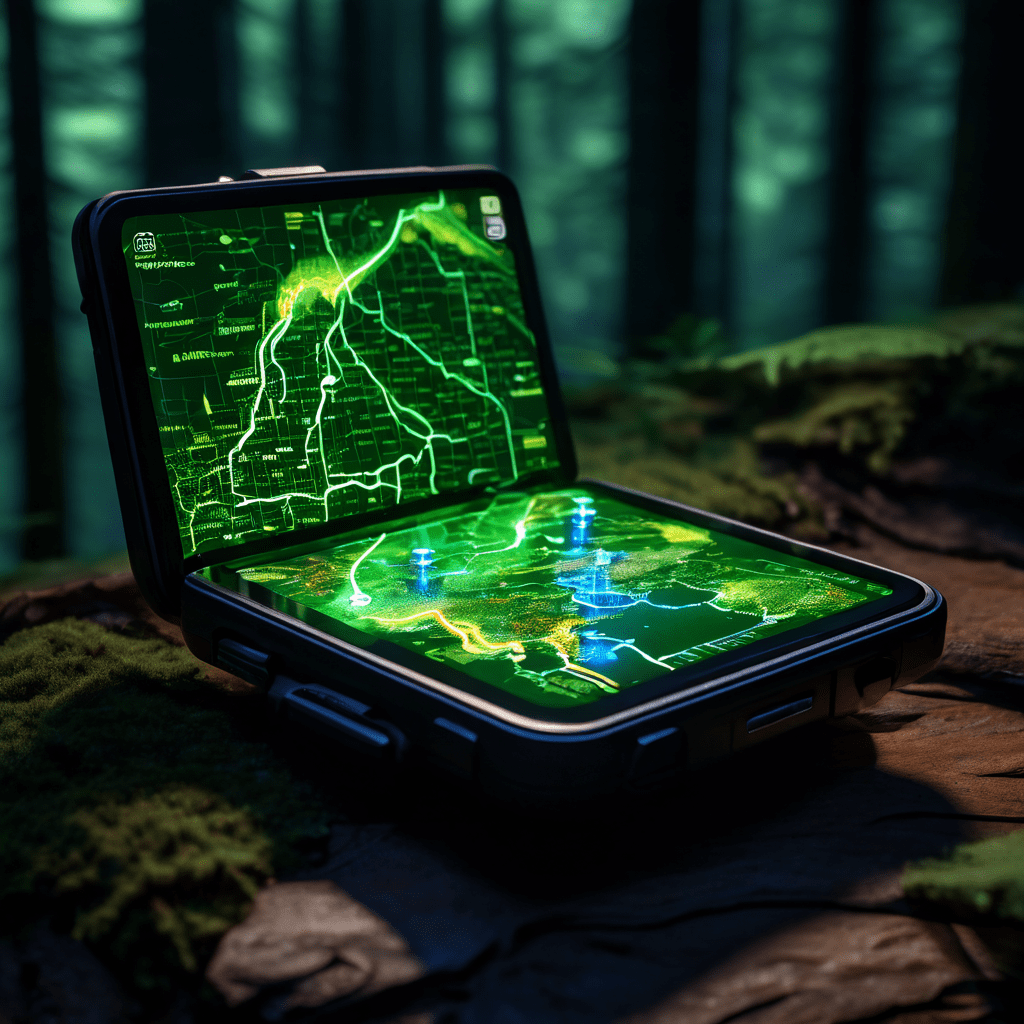 오프라인에서도 신호 없이 사용 가능한 내비게이션 장치가 깊은 숲속 여행자에게 빛나는 지도로 길을 안내하는 모습을 강조한 이미지입니다.