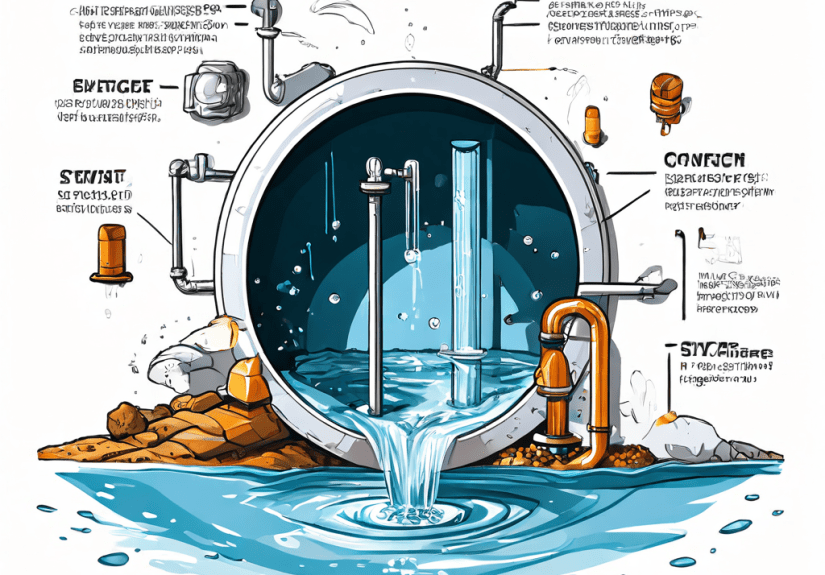 넓고 깨끗한 수도관과 좁고 막힌 관의 단면을 비교하며 화살표로 수압 차이를 보여주는 모습이다.