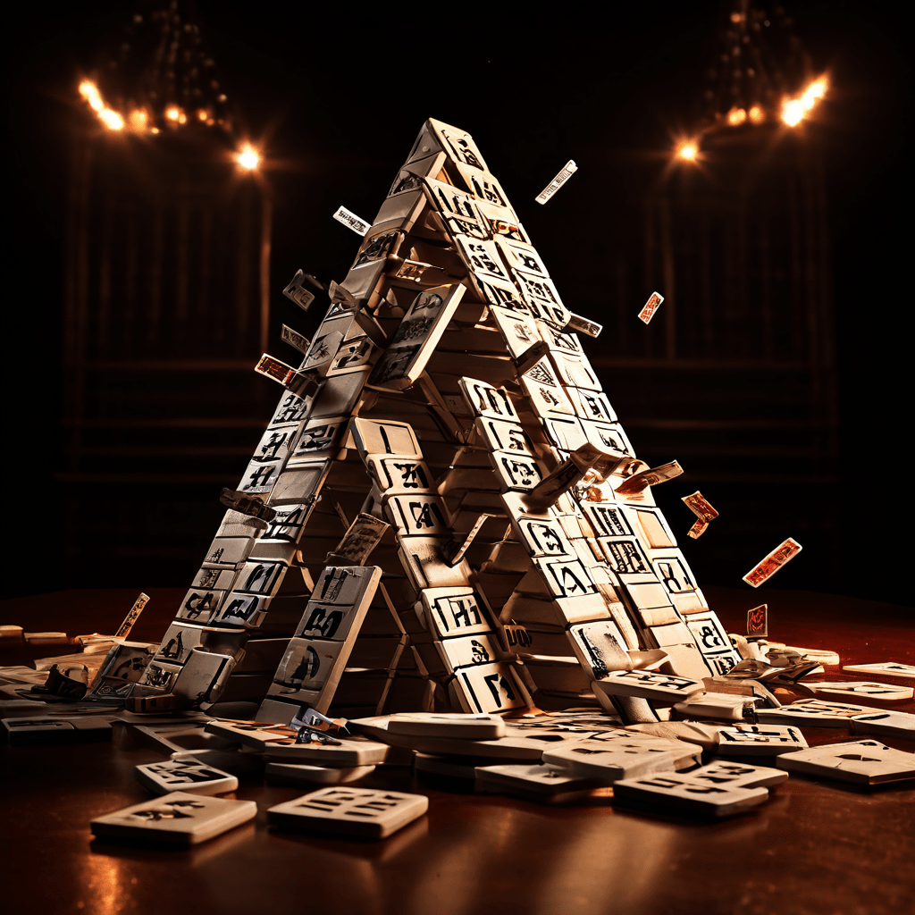 작은 실수들이 적힌 도미노가 피라미드 형태로 쌓여 결승전에서 비극적 붕괴로 이어지는 모습이다.