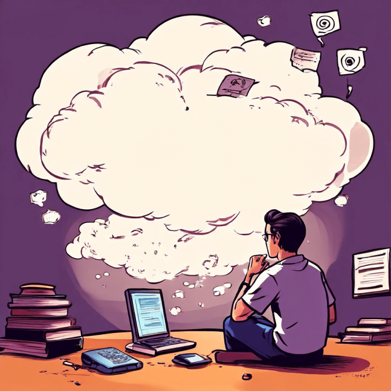 한 사람이 복잡한 민방위 시험지를 바라보며 낮은 점수가 위에 떠 있고, 생각 풍선 속에는 비디오 게임에 정신이 팔린 모습이 그려져 있습니다.