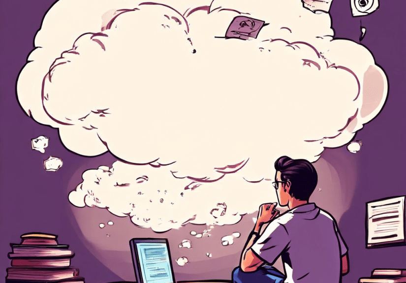 한 사람이 복잡한 민방위 시험지를 바라보며 낮은 점수가 위에 떠 있고, 생각 풍선 속에는 비디오 게임에 정신이 팔린 모습이 그려져 있습니다.