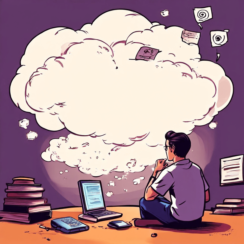 한 사람이 복잡한 민방위 시험지를 바라보며 낮은 점수가 위에 떠 있고, 생각 풍선 속에는 비디오 게임에 정신이 팔린 모습이 그려져 있습니다.