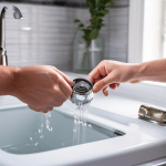 하얀 싱크대에 깊숙이 박힌 검은색 배수구 마개를 잡아당기는 초조해 보이는 손 모습이다.