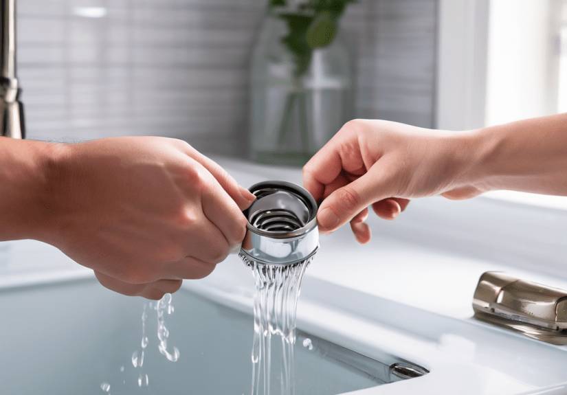 하얀 싱크대에 깊숙이 박힌 검은색 배수구 마개를 잡아당기는 초조해 보이는 손 모습이다.