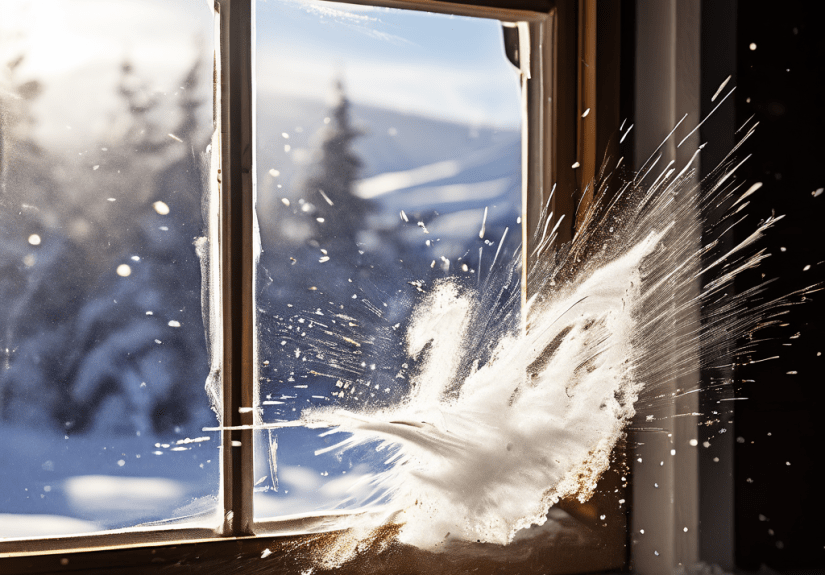 단열된 따뜻한 실내를 보호하며, 회오치는 먼지와 얼음 바람 화살표를 막아내는 바람막이 창문 밀봉재의 단면을 클로즈업한 모습이다.