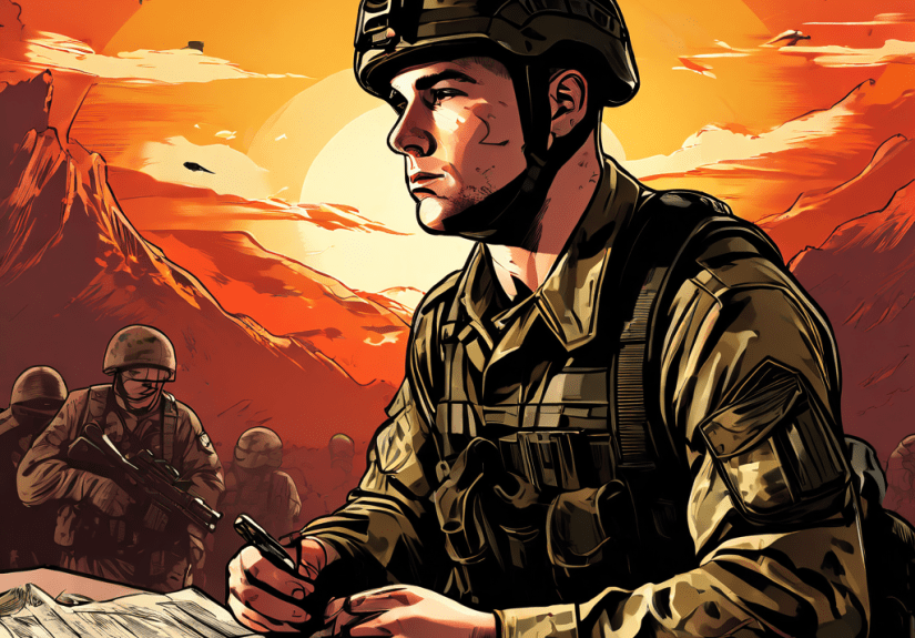 어두운 배경에 군인 실루엣과 벌금 그래프가 놓여 있고, 그 뒤로 위협적인 그림자가 드리운 모습이다.