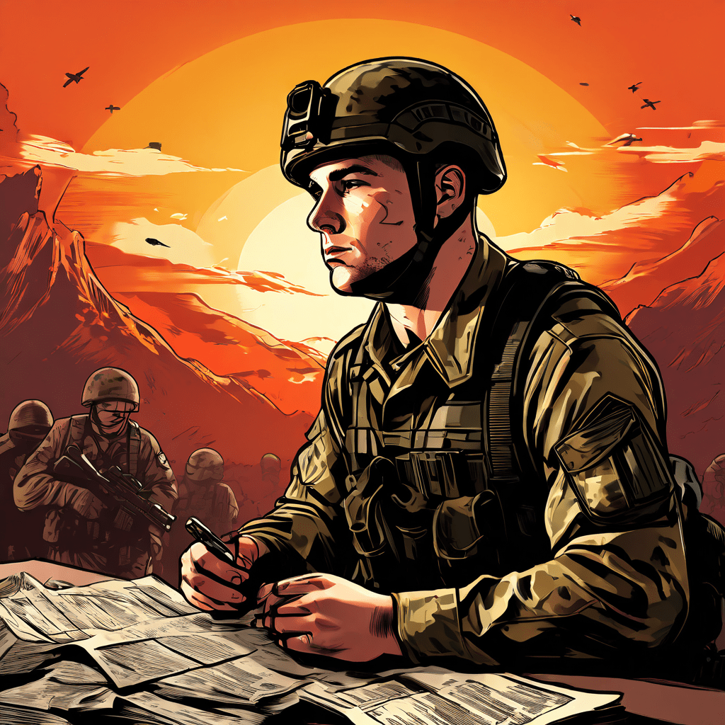 어두운 배경에 군인 실루엣과 벌금 그래프가 놓여 있고, 그 뒤로 위협적인 그림자가 드리운 모습이다.