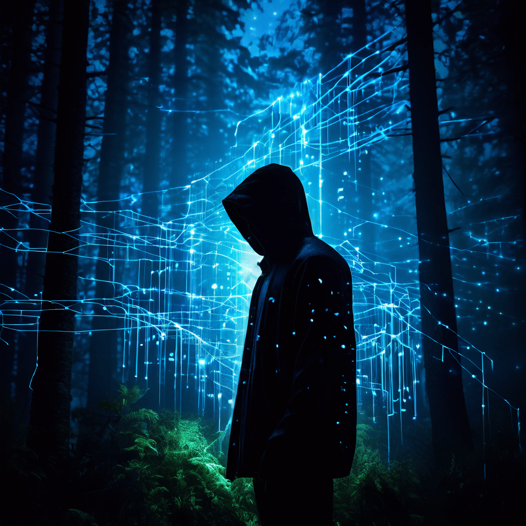 어둠 속 서버 숲에서 빛나는 데이터 스트림으로 형상화된 인물의 실루엣을 디지털 포식자가 뒤쫓는 사이버 보안과 데이터 프라이버시의 위협을 상징적으로 표현한 이미지입니다.