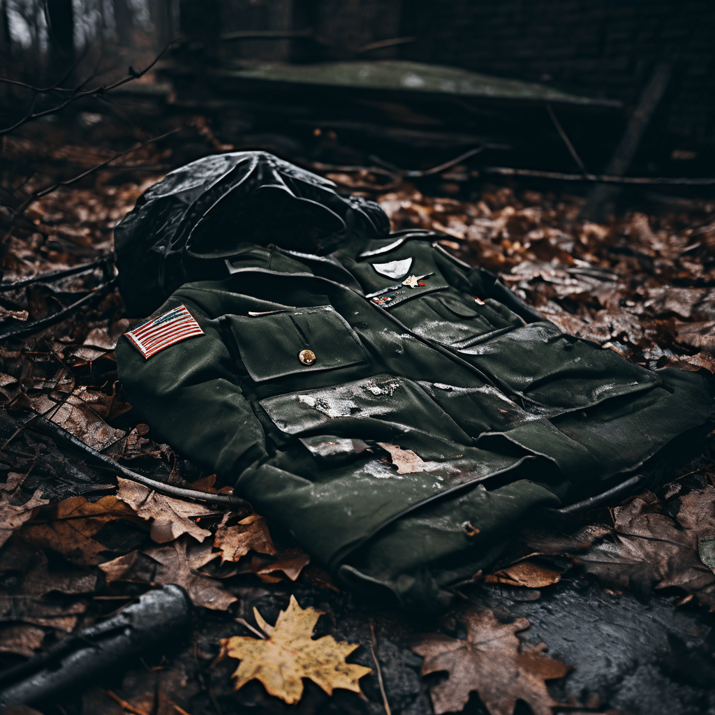 버려진 군복이 땅에 널브러져 있으며 이는 제대 후 군인이 겪는 법적 부담을 상징합니다.