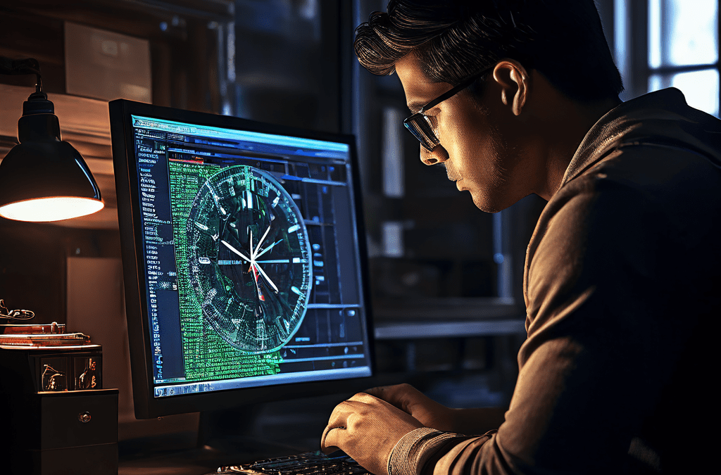 디지털 포렌식 수사관이 컴퓨터 화면의 파일 업로드 타임스탬프 5시와 시계가 가리키는 3시의 시간 불일치를 분석하며 증거를 조사하는 장면입니다.