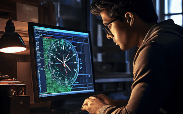 디지털 포렌식 수사관이 컴퓨터 화면의 파일 업로드 타임스탬프 5시와 시계가 가리키는 3시의 시간 불일치를 분석하며 증거를 조사하는 장면입니다.